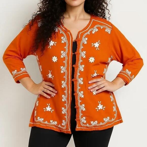 90s KAIL Vintage Orange Cotton Floral Hand Embroidered Button Up Blouse - Picture 1 of 8